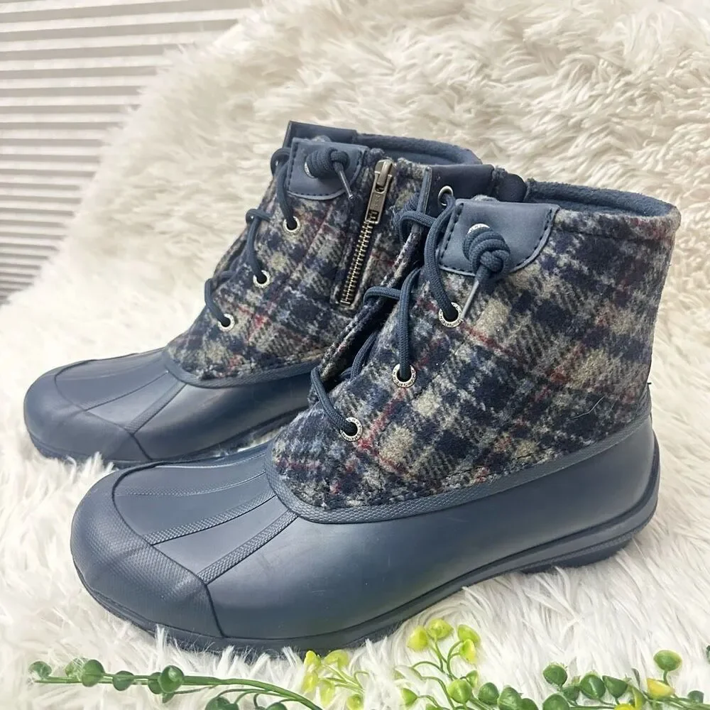 SPERRY Saltwater Wool Plaid Blue Duck Winter Rain‎ Ankle Boots Side Zip sz 8 NEW